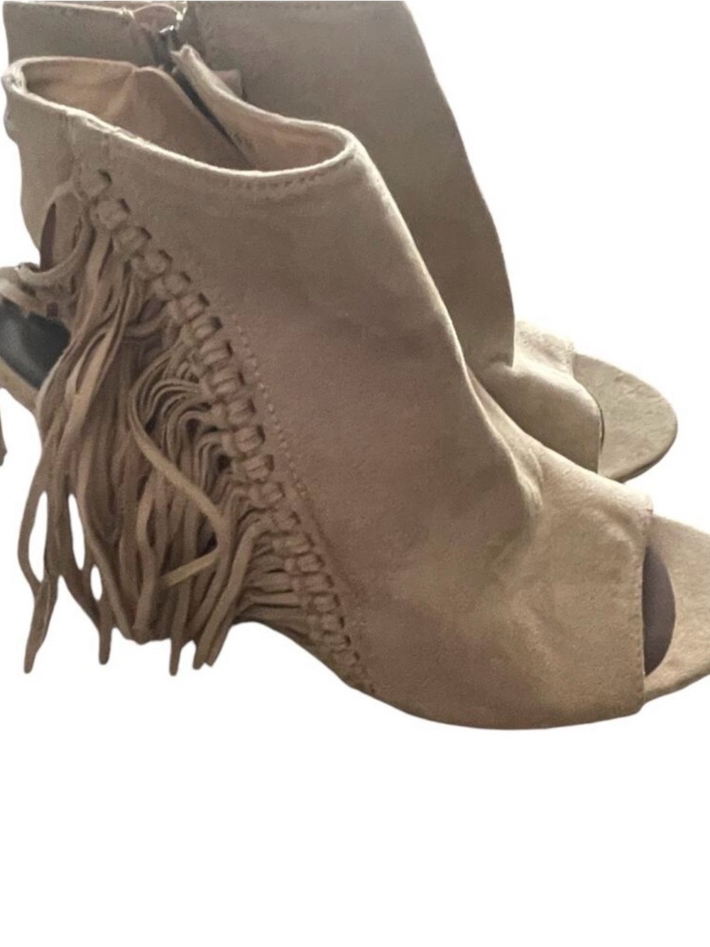 Cato Tan Fringe Peep-Toe Wedge Heels